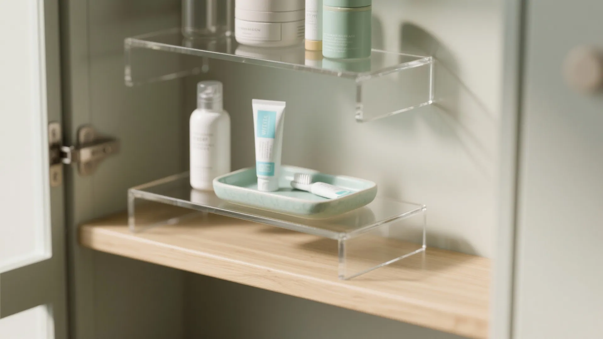 1. Layered display inside a shallow cabinet