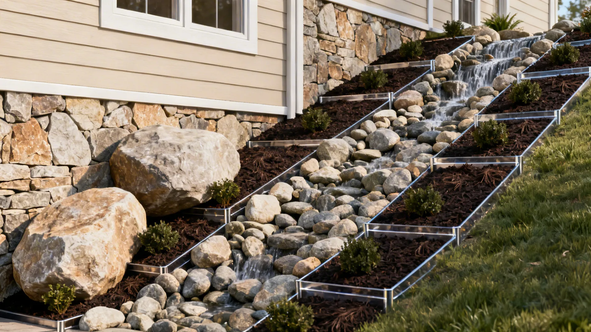Tiered garden landscape with a stone waterfall and small green plants next to house wall
