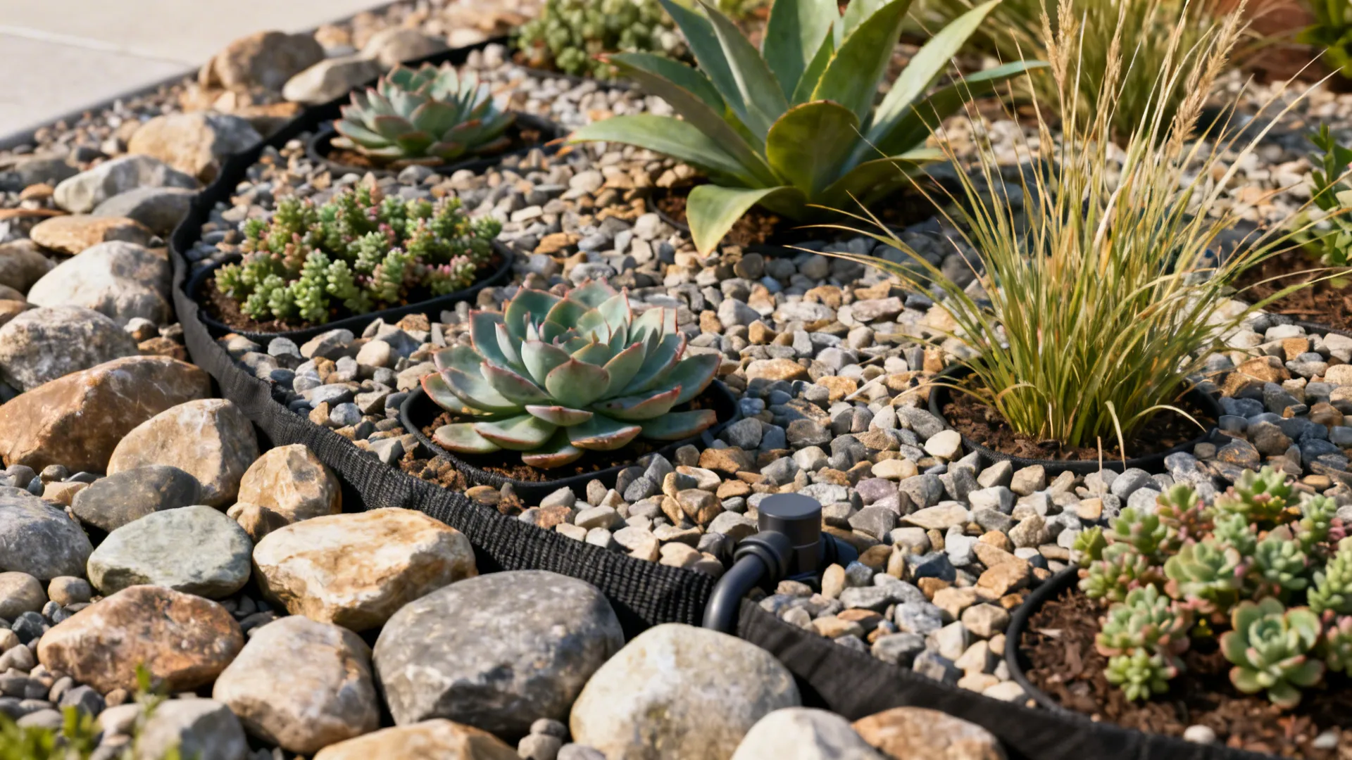 Layered gravel and river rock bed with drought-tolerant succulents and ornamental grasses.