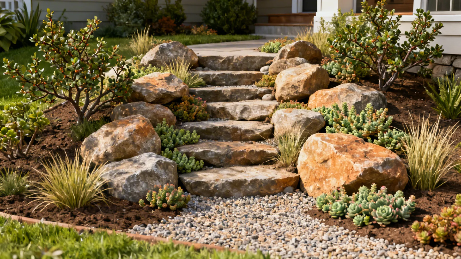 Layered rock garden with cascading boulders and native drought-tolerant plants in a small yard.