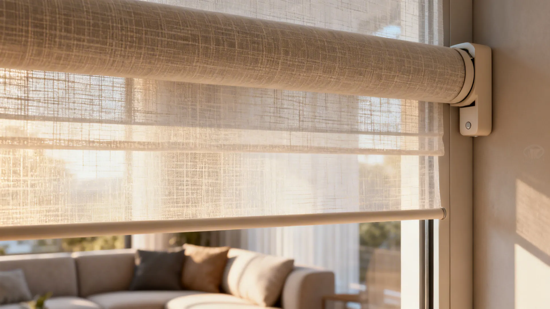 Layered roller blind paired with a lightweight sheer softly filtering daylight