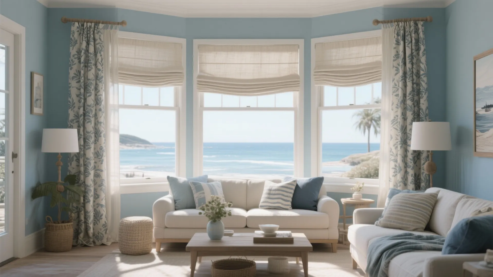 Coastal living room with layered roman shades and patterned curtains