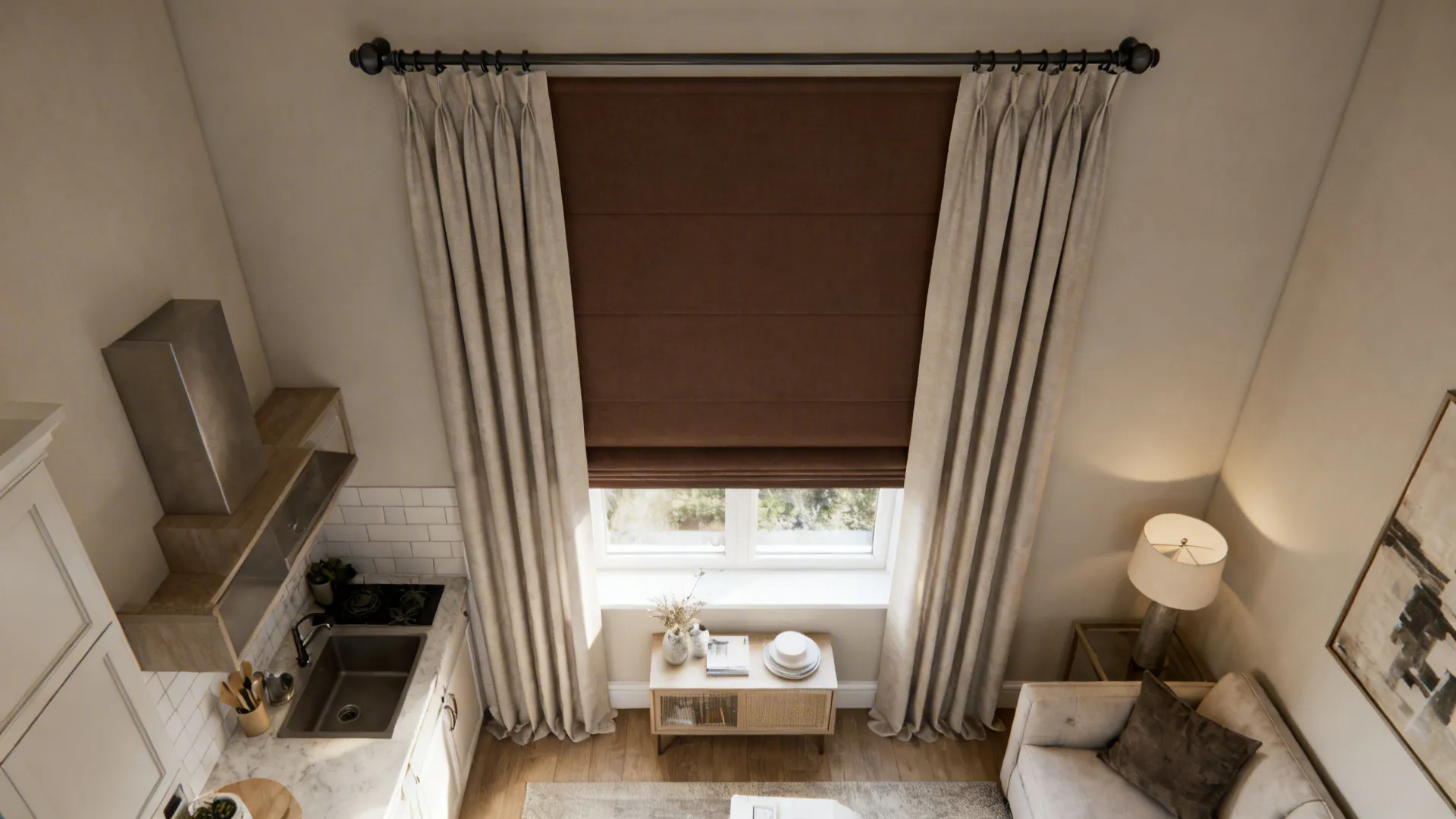 Layered chocolate Roman shade under lighter curtains in an open-plan living area