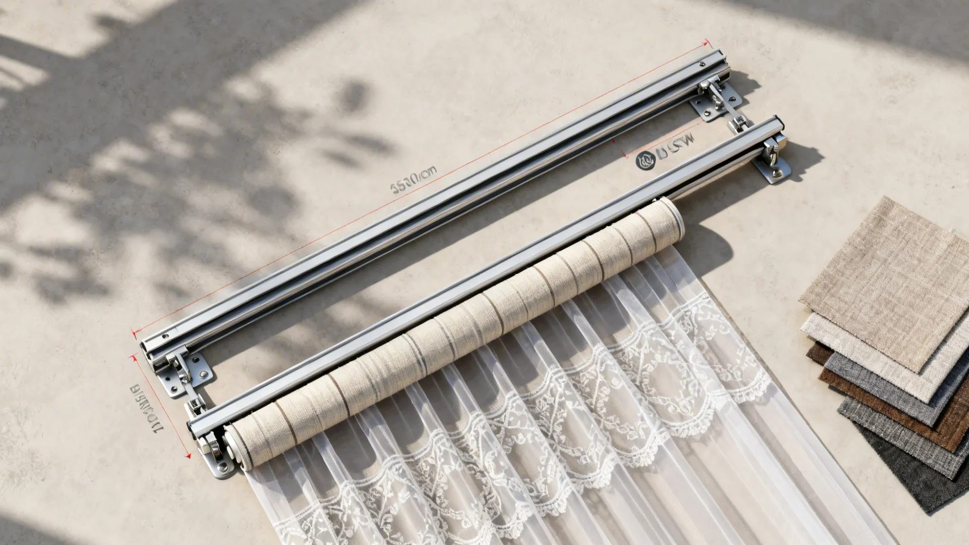 Top-down view of dual tracks showing a roman blind and decorative sheer mounted separately