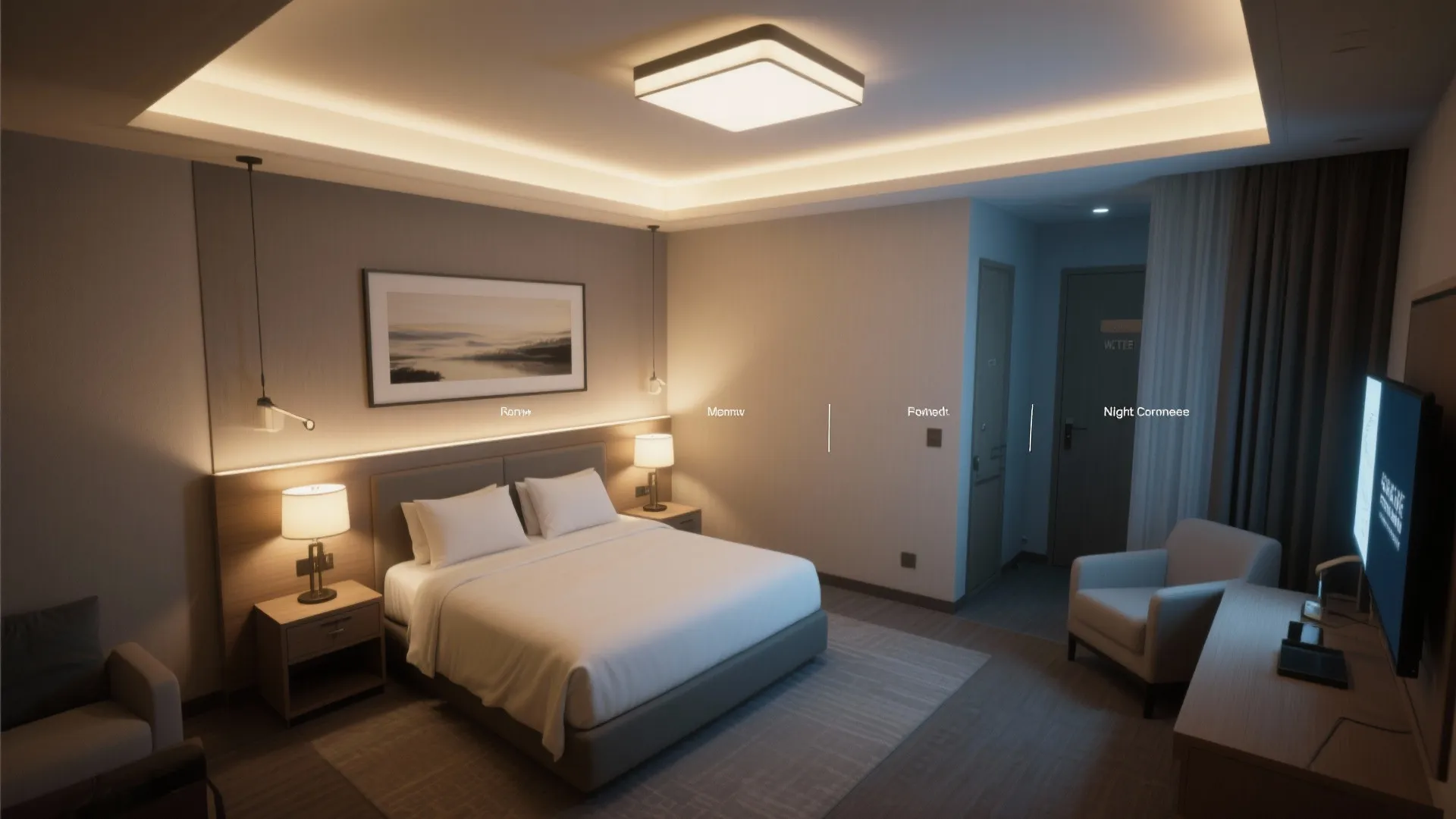 Top-down render of a hotel room showing ambient, task, and accent lighting layers.
