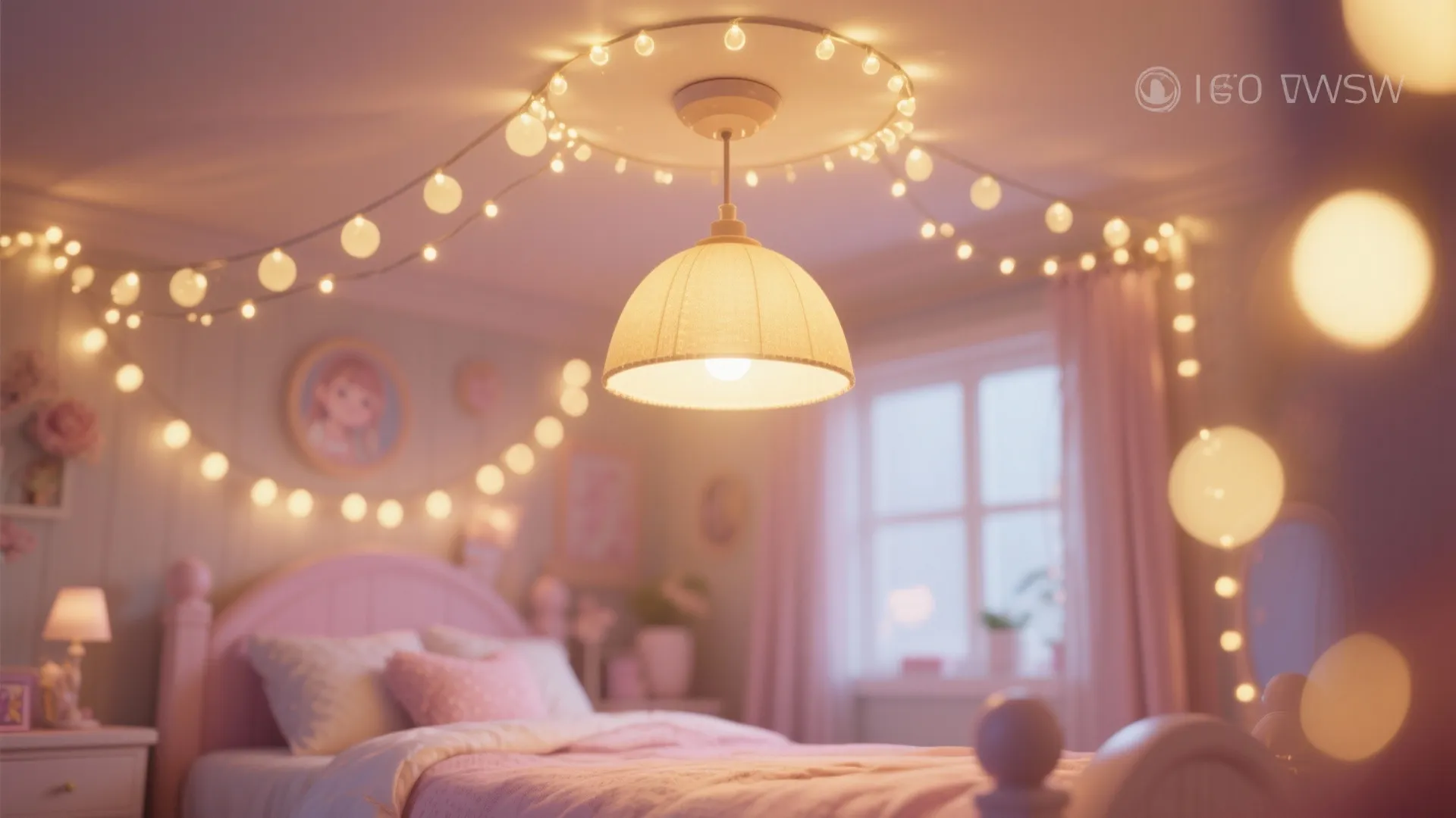 Cozy pink bedroom featuring a hanging ceiling light string lights and warm glowing lamps for atmosphere