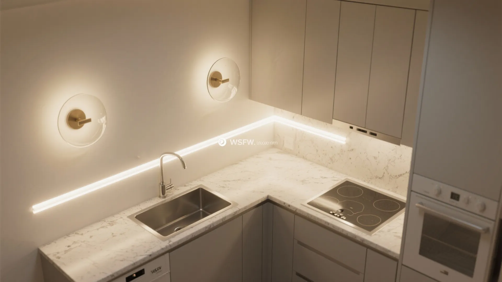 Layered lighting: pairing round wall lights with under-cabinet LEDs