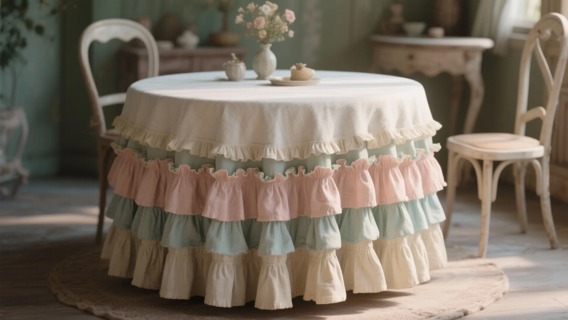 Round dining table with a colorful multi layered ruffled tablecloth in pink blue and cream tones