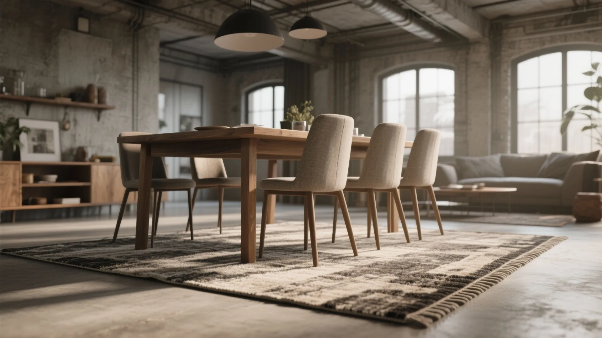 3. Table partly off the rug for a layered look