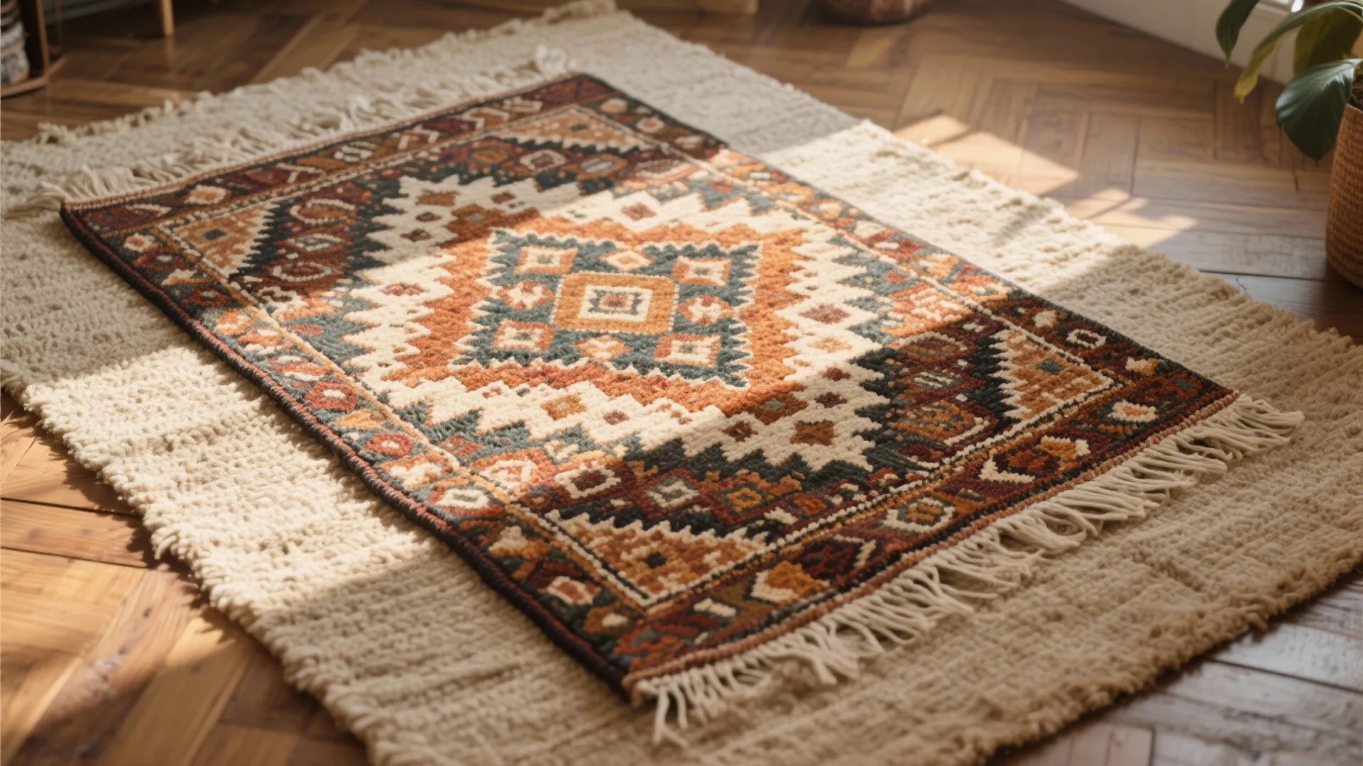 2. Layering Over a Larger Neutral Rug