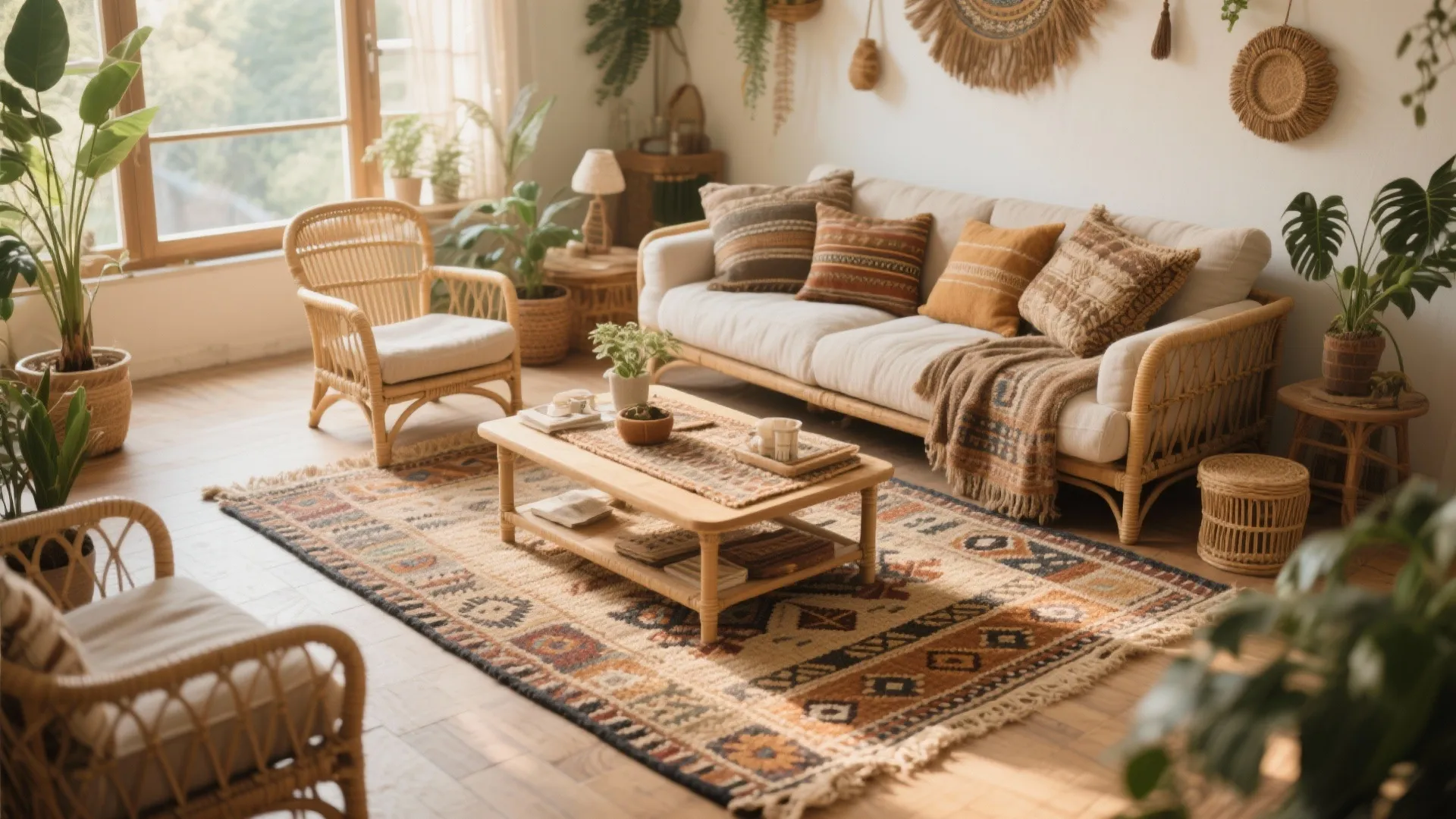 Boho living room with wicker chairs patterned rug wooden coffee table plants and wall hanging decor