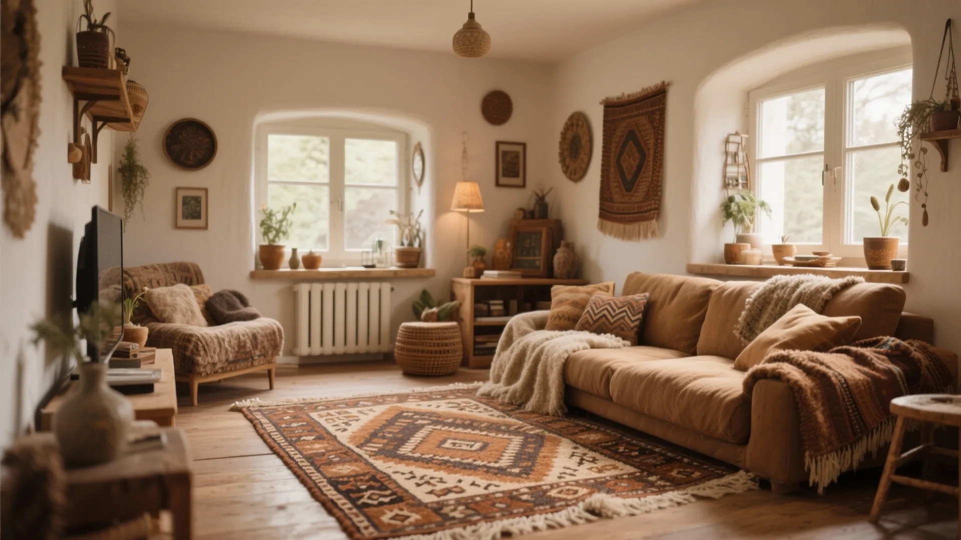 Cozy rustic living room with brown sofa patterned rug wall decorations plants and small windows