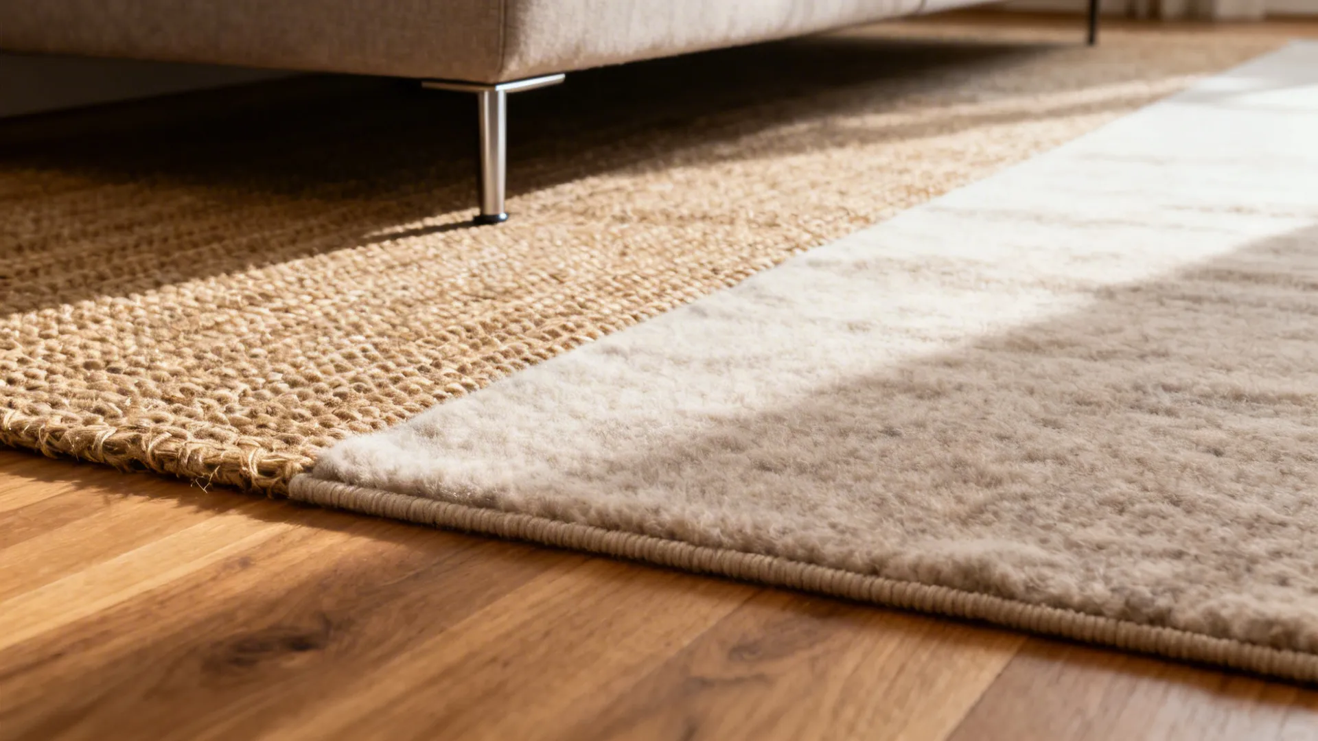 Close-up of layered jute and wool rugs creating a subtle zone edge on oak flooring.