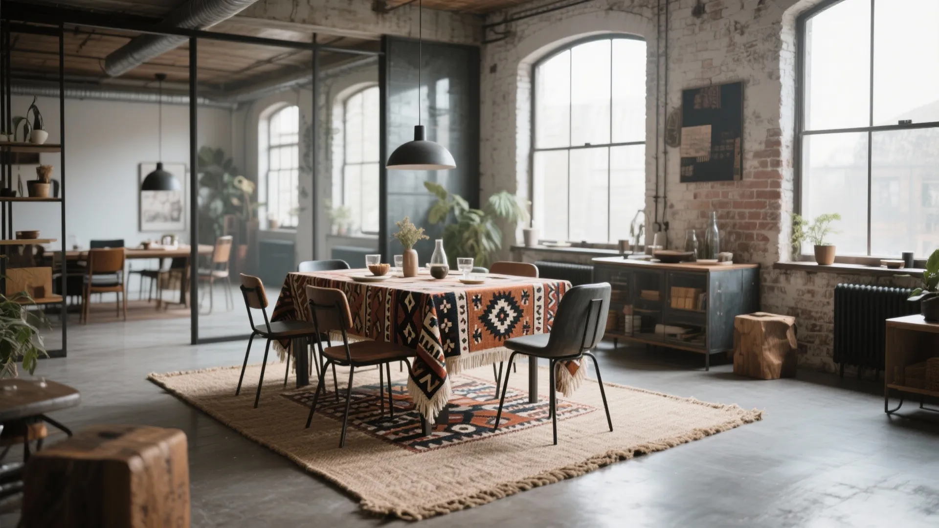 Industrial dining area with brick walls patterned tablecloth black ceiling light and layered floor rugs
