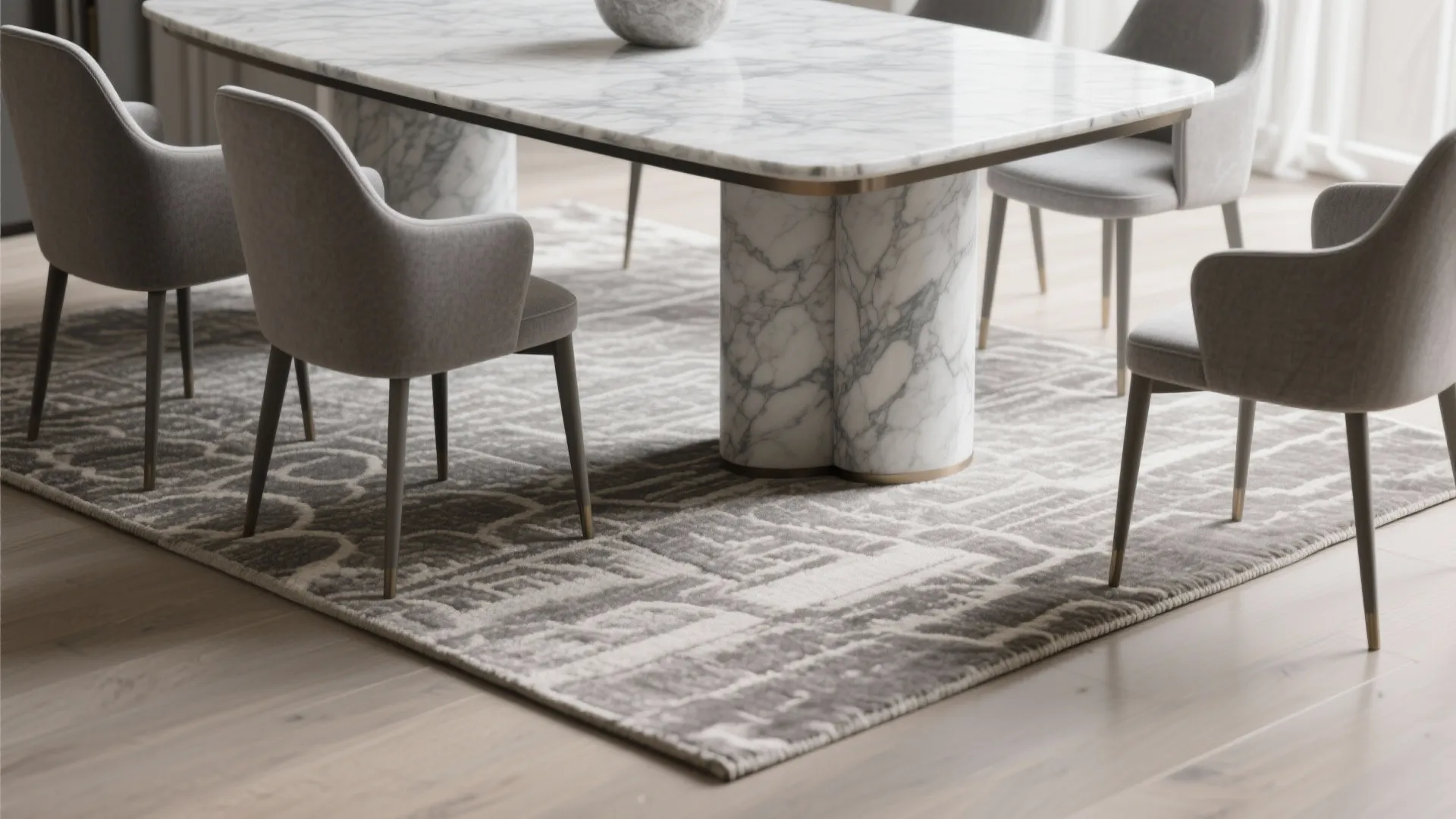 Marble dining table with gray chairs placed on a patterned rug over light wood flooring