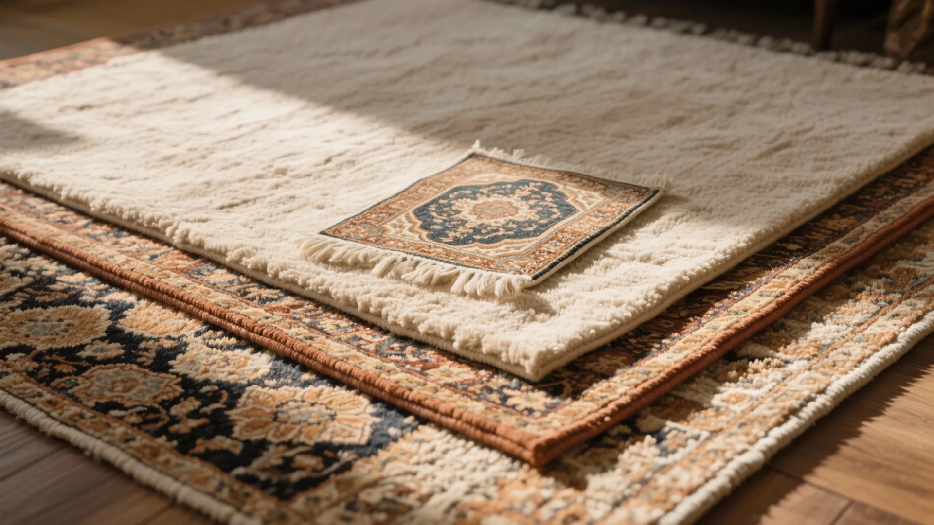 Three different rugs with various patterns and textures layered on top of a wood floor surface