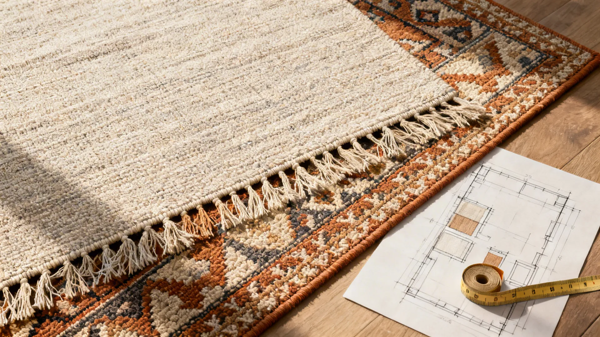 Top-down flatlay showing layered rugs, fabric swatches, and measuring tape.