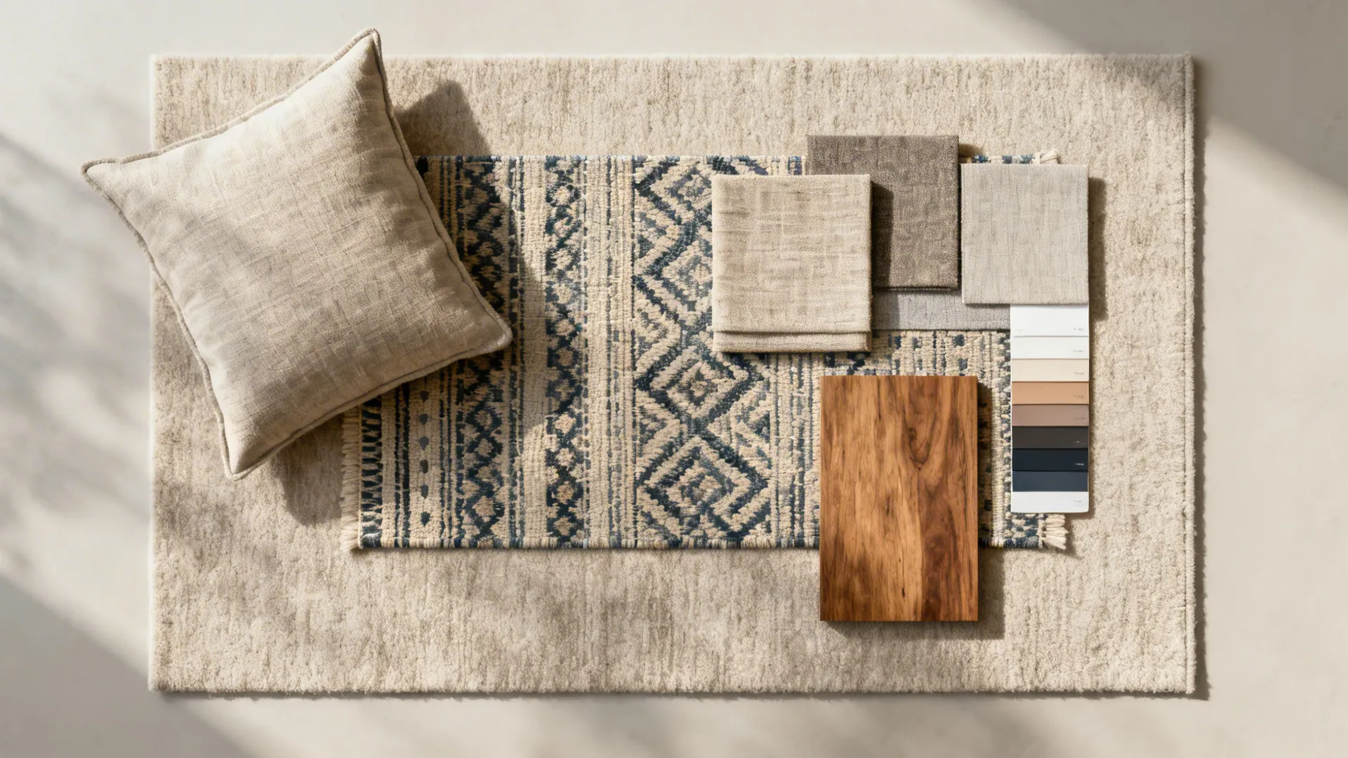 Flatlay of a larger neutral rug with a smaller patterned rug sample and coordinating fabric swatches.