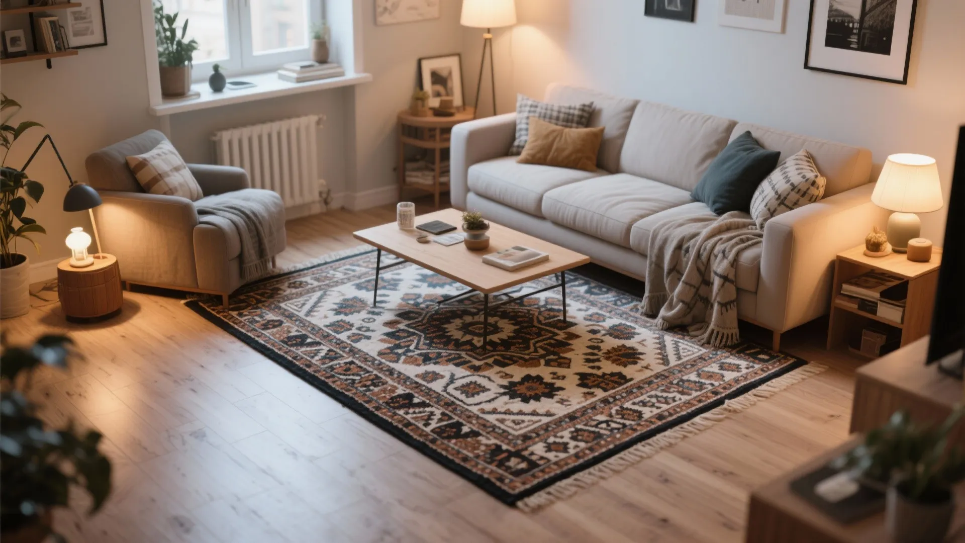 Neutral laminate floor layered with large patterned rug