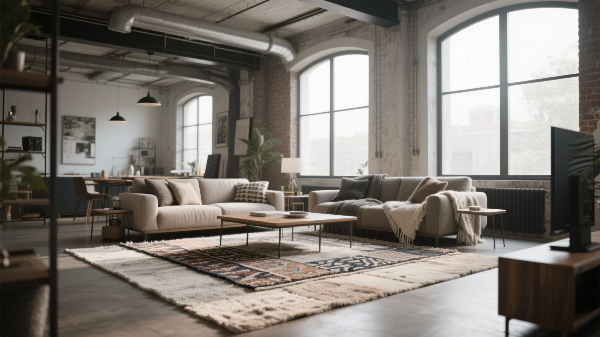 Industrial living room with brick walls and large windows plus two sofas on textured rug