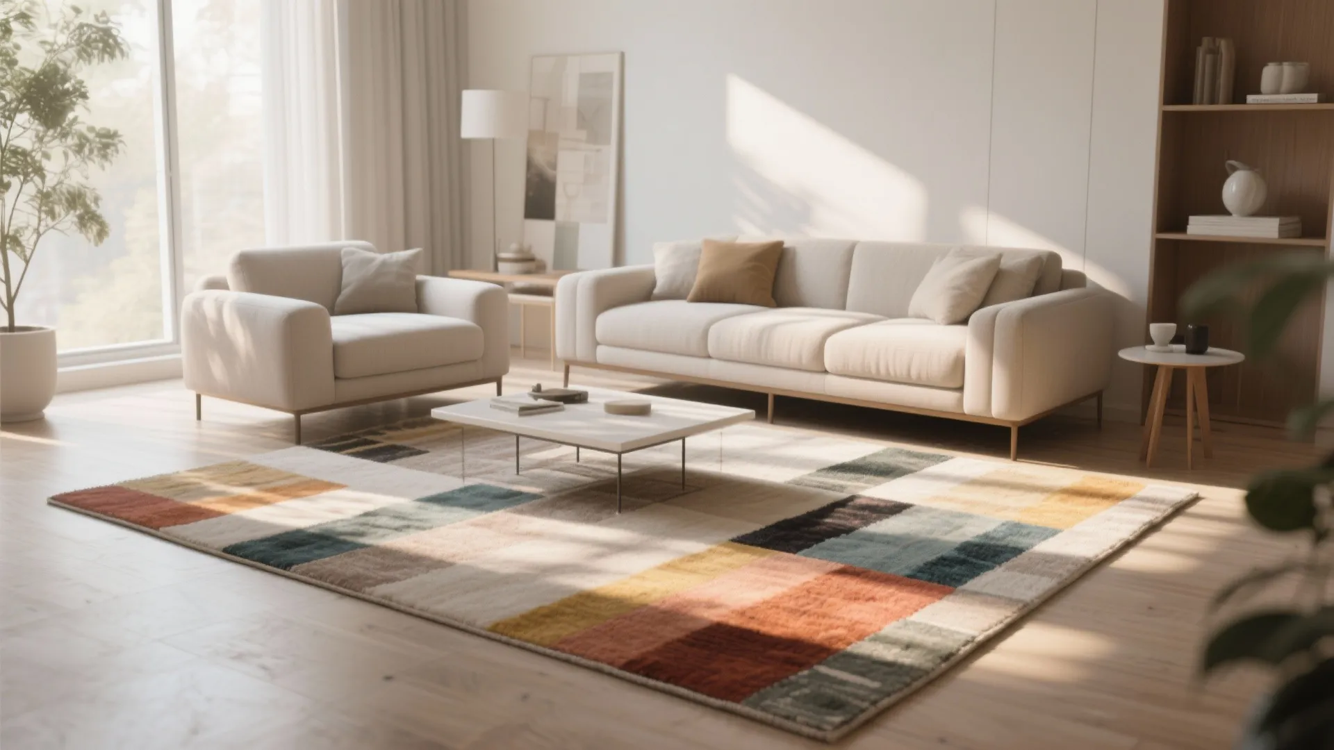 Modern bright living room featuring a colorful checkered rug beige sofa white table and wooden floor