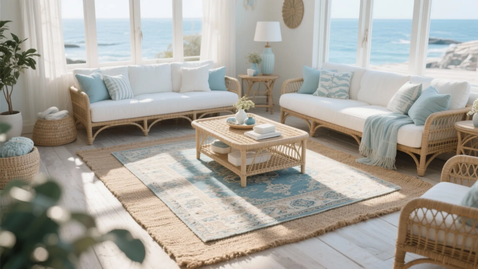 Coastal living room with rattan sofas blue patterned rug layered on jute rug and ocean view