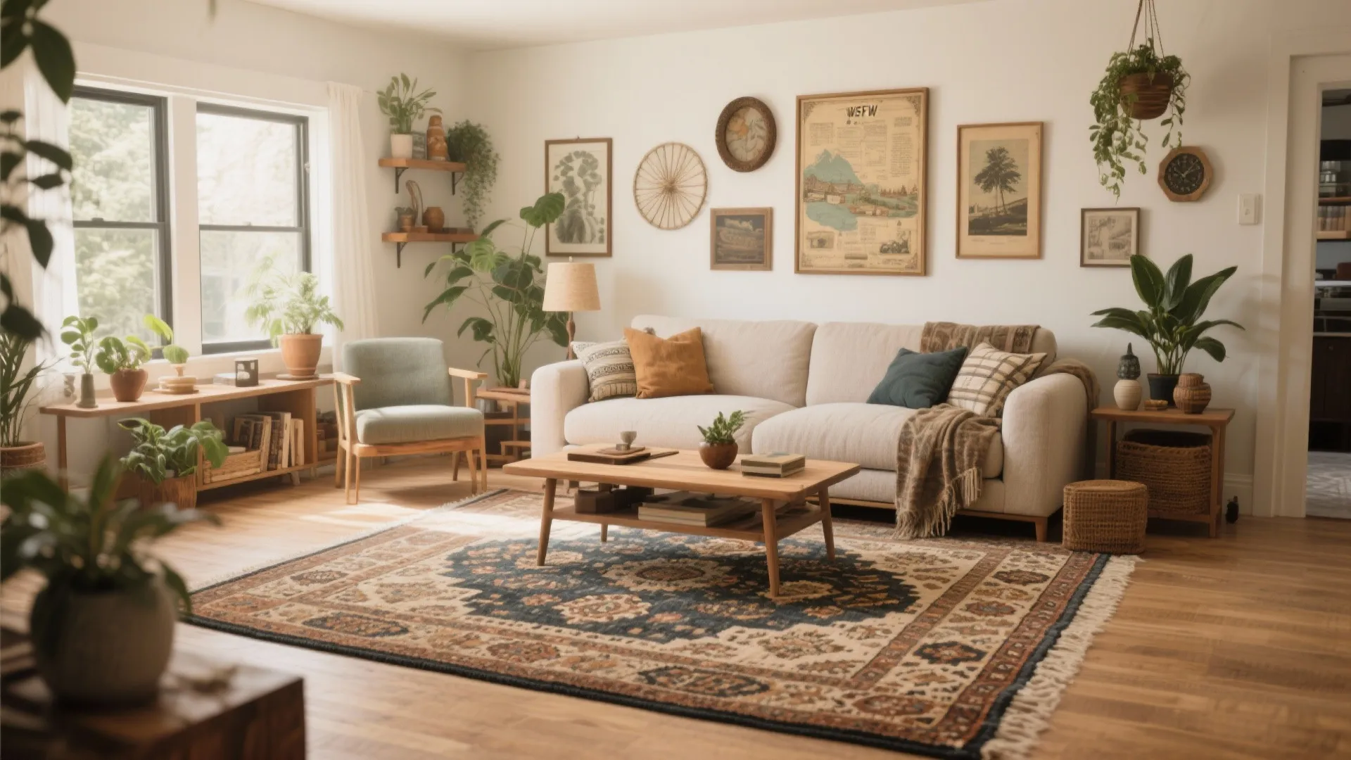 Bright living room with white sofa wooden coffee table patterned rug and many indoor plants