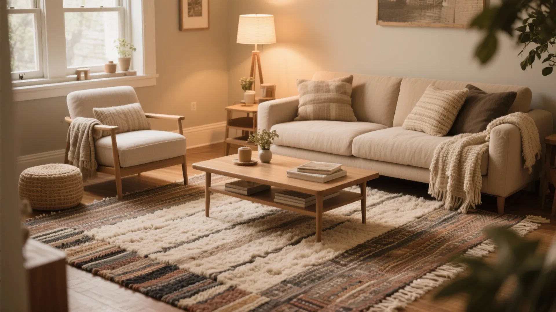 Cozy living room with beige sofa armchair floor lamp and textured striped rug on floor