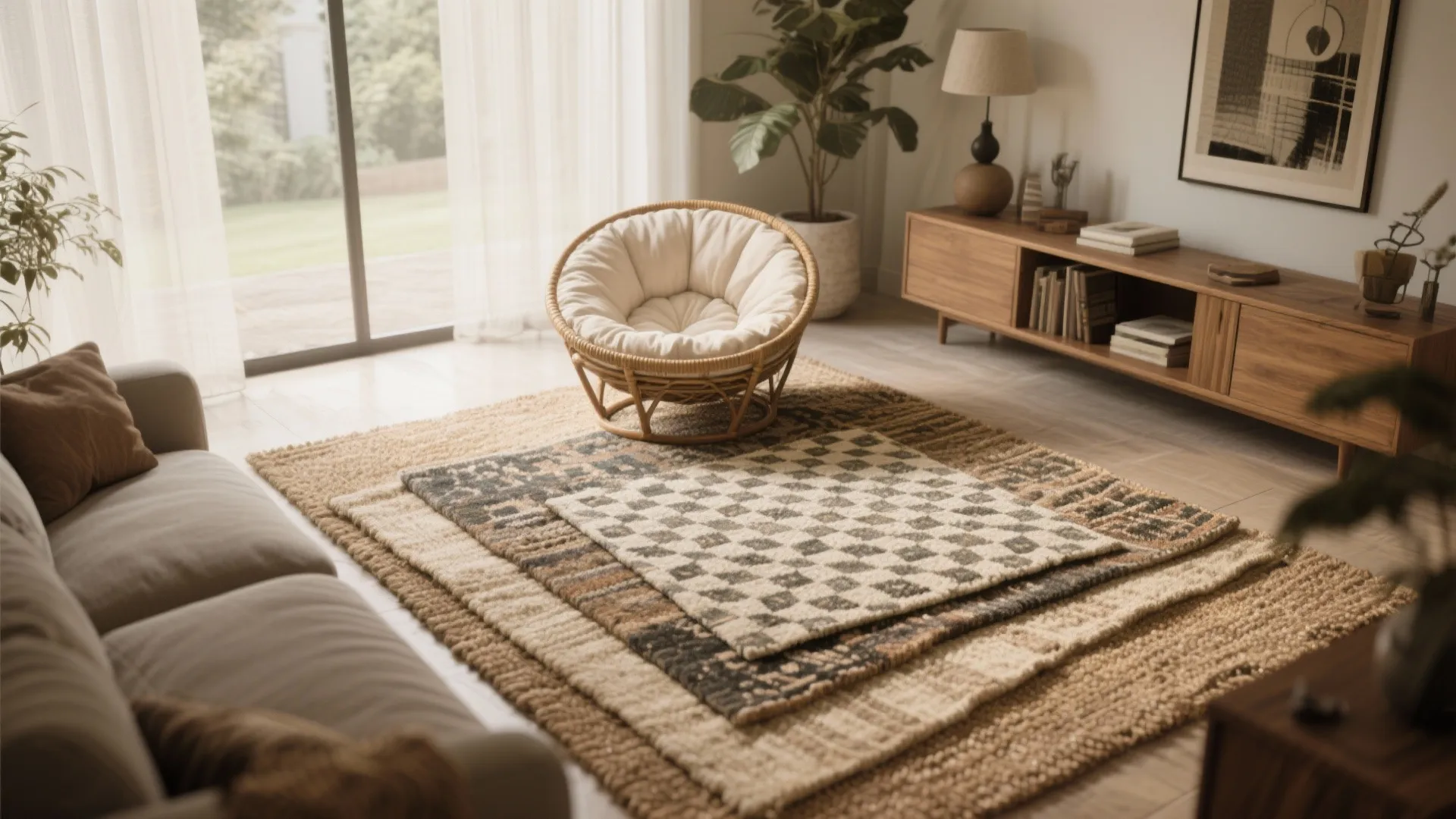 10. Layered Rugs Under Papasan
