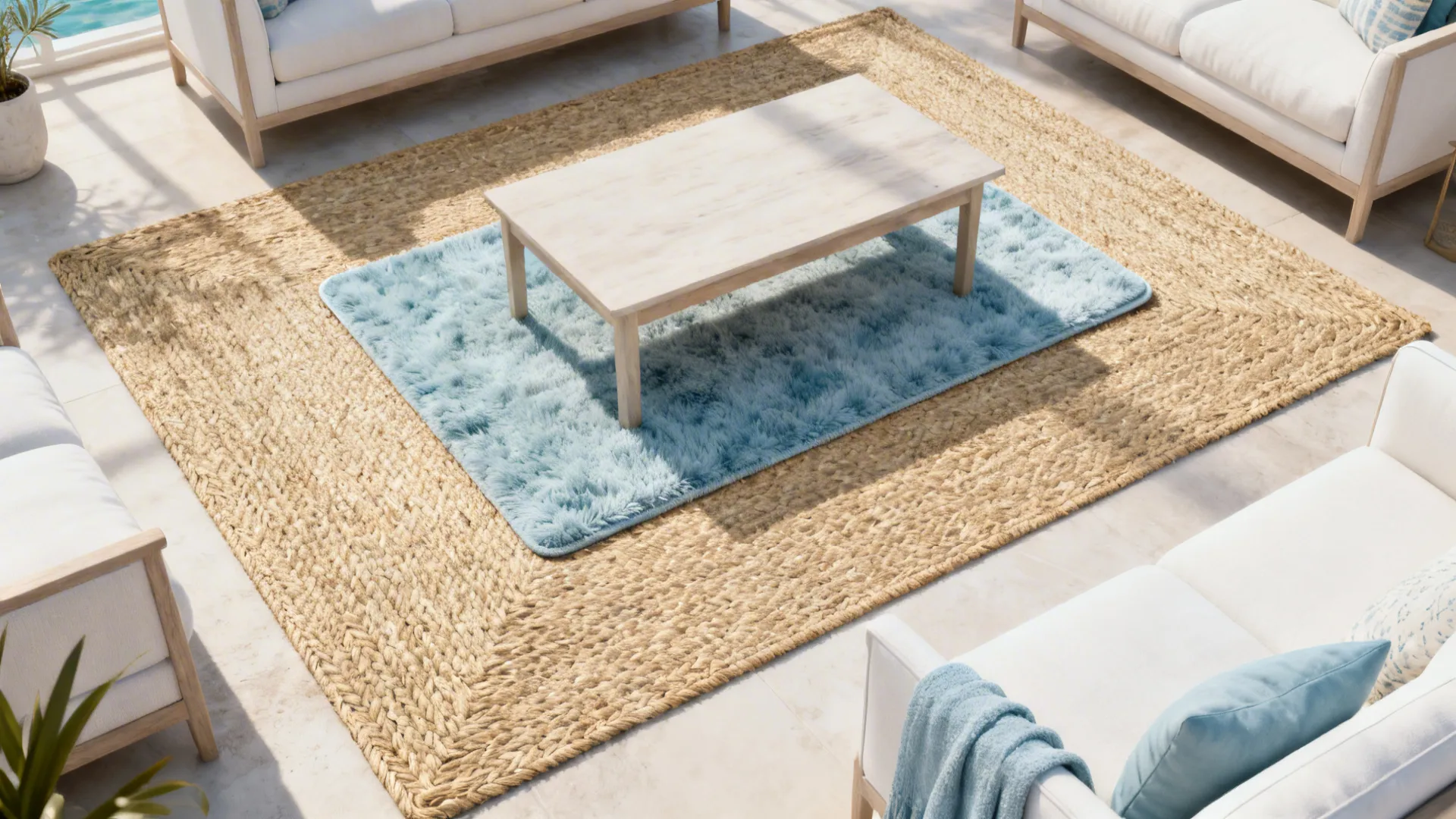 Top-down layout of layered seagrass base and plush accent rug with non-slip pad, showing furniture circulation.