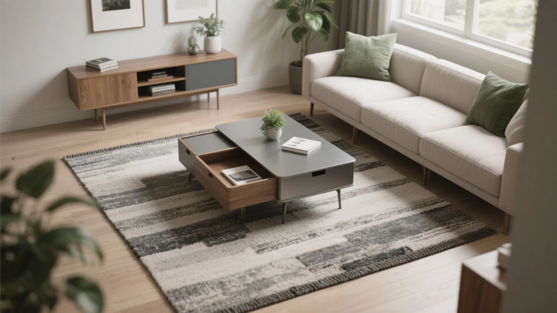 Modern living room with white sofa green pillows patterned rug and grey coffee table with drawer