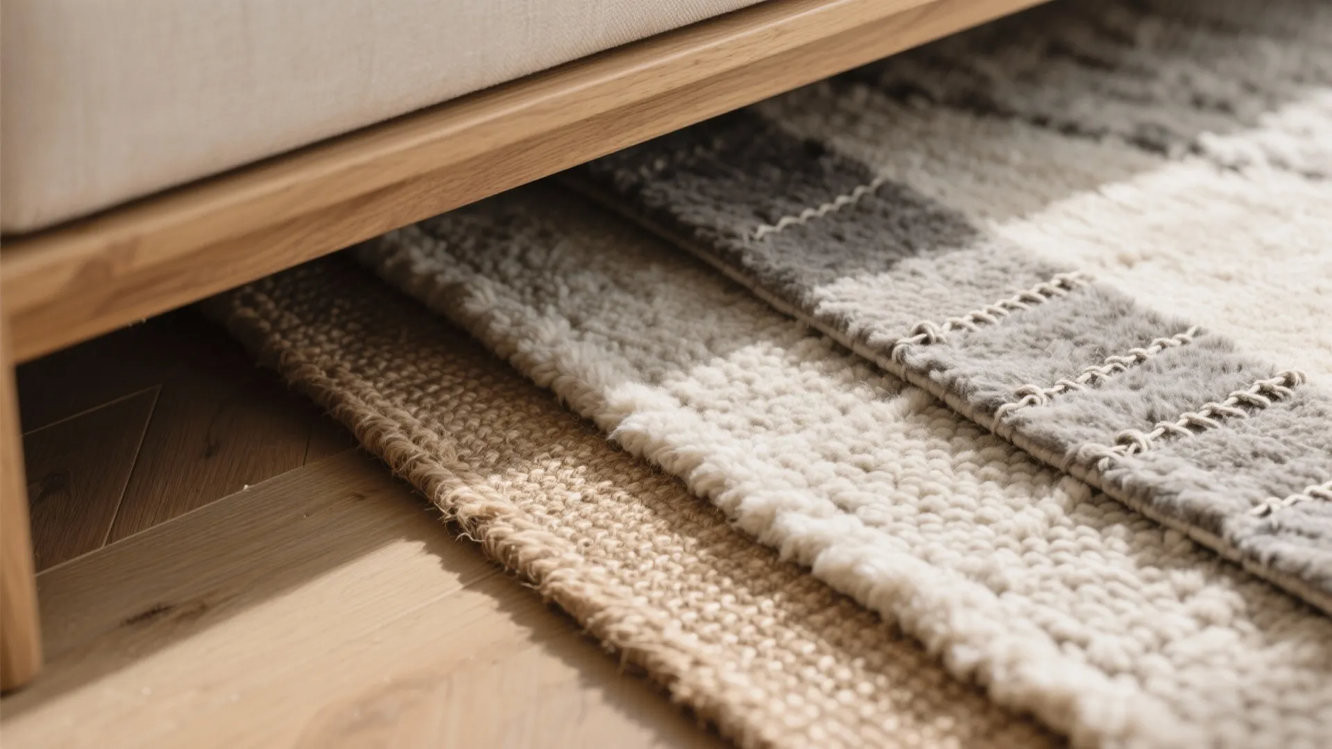 Low modular seating with layered rugs