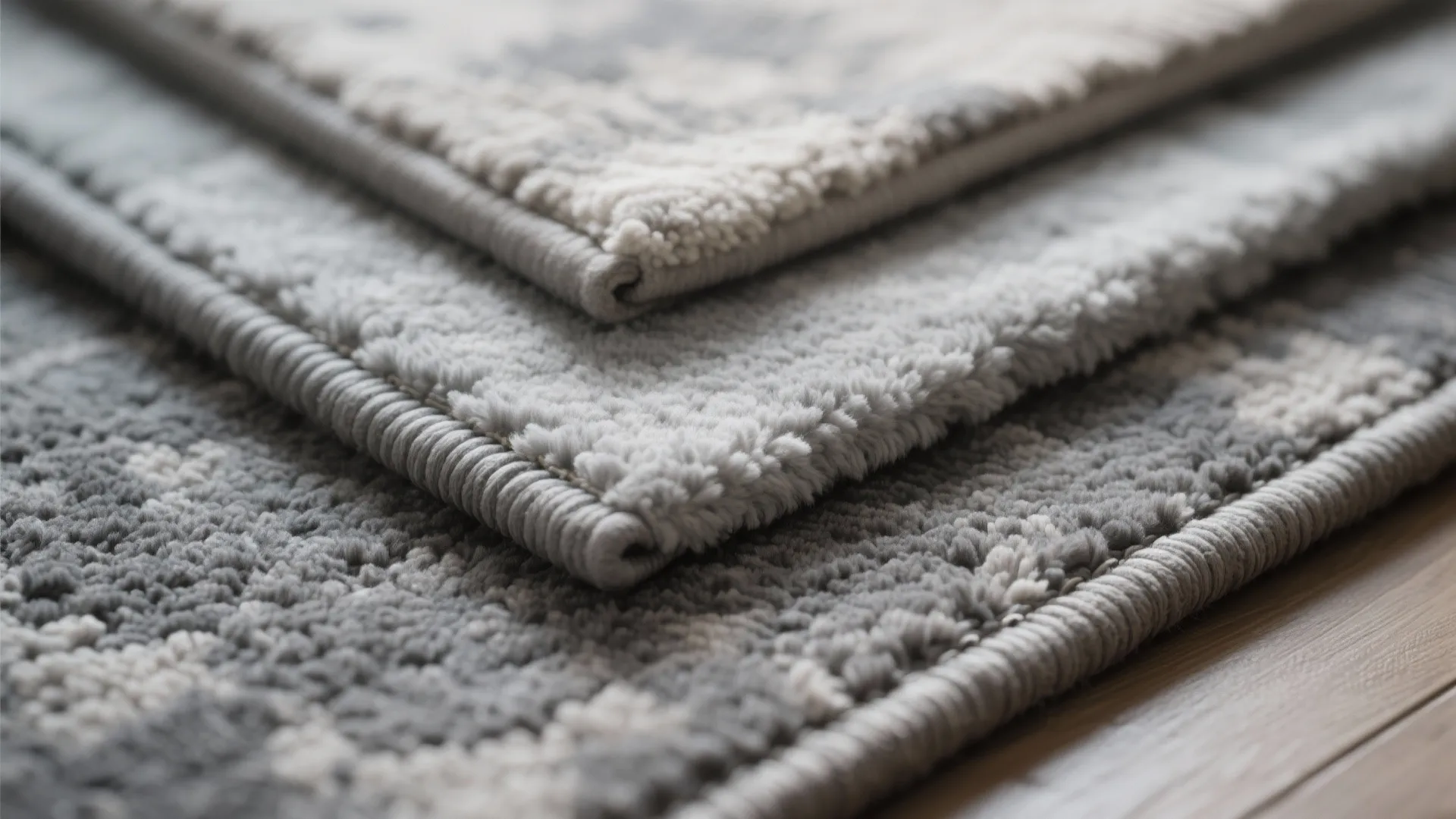 Macro view of layered mid-grey and plush grey rugs showing contrasting textures