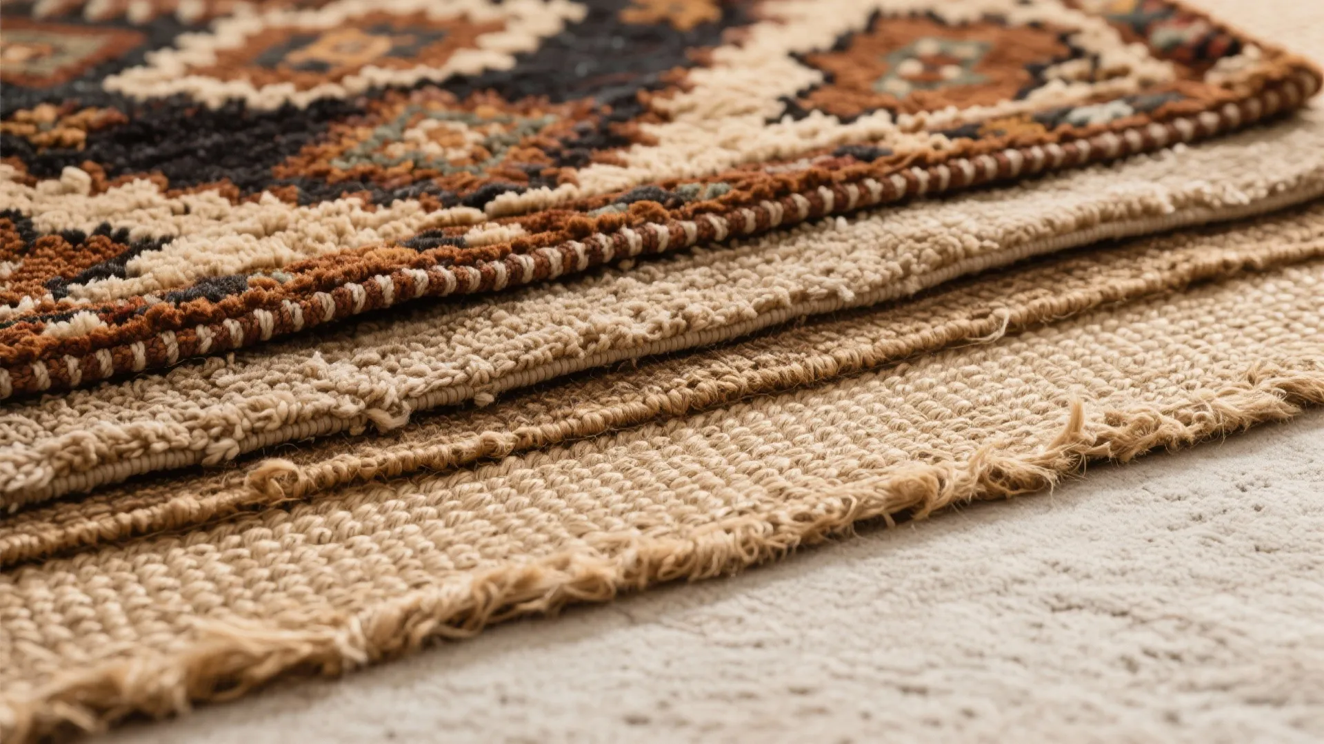 Layered jute and Moroccan rugs creating rich texture