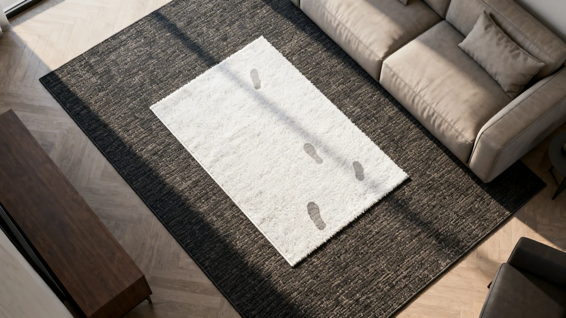 Top-down view of a smaller white rug layered over a darker base rug with furniture layout.