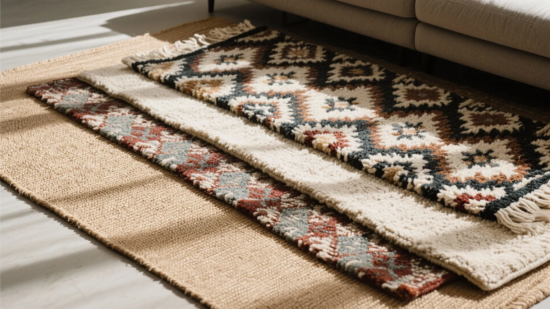 Layered jute and patterned wool rugs in complementary tones