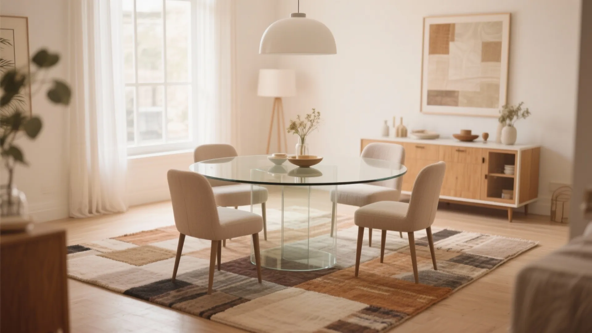 Modern dining room with glass table beige chairs checkered rug white ceiling light and curtains