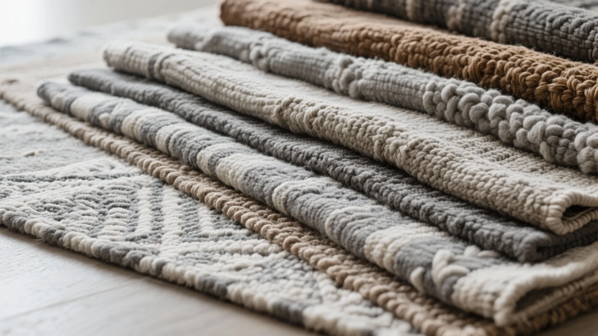 Stack of various textured rugs in neutral colors like grey brown and white on wood floor