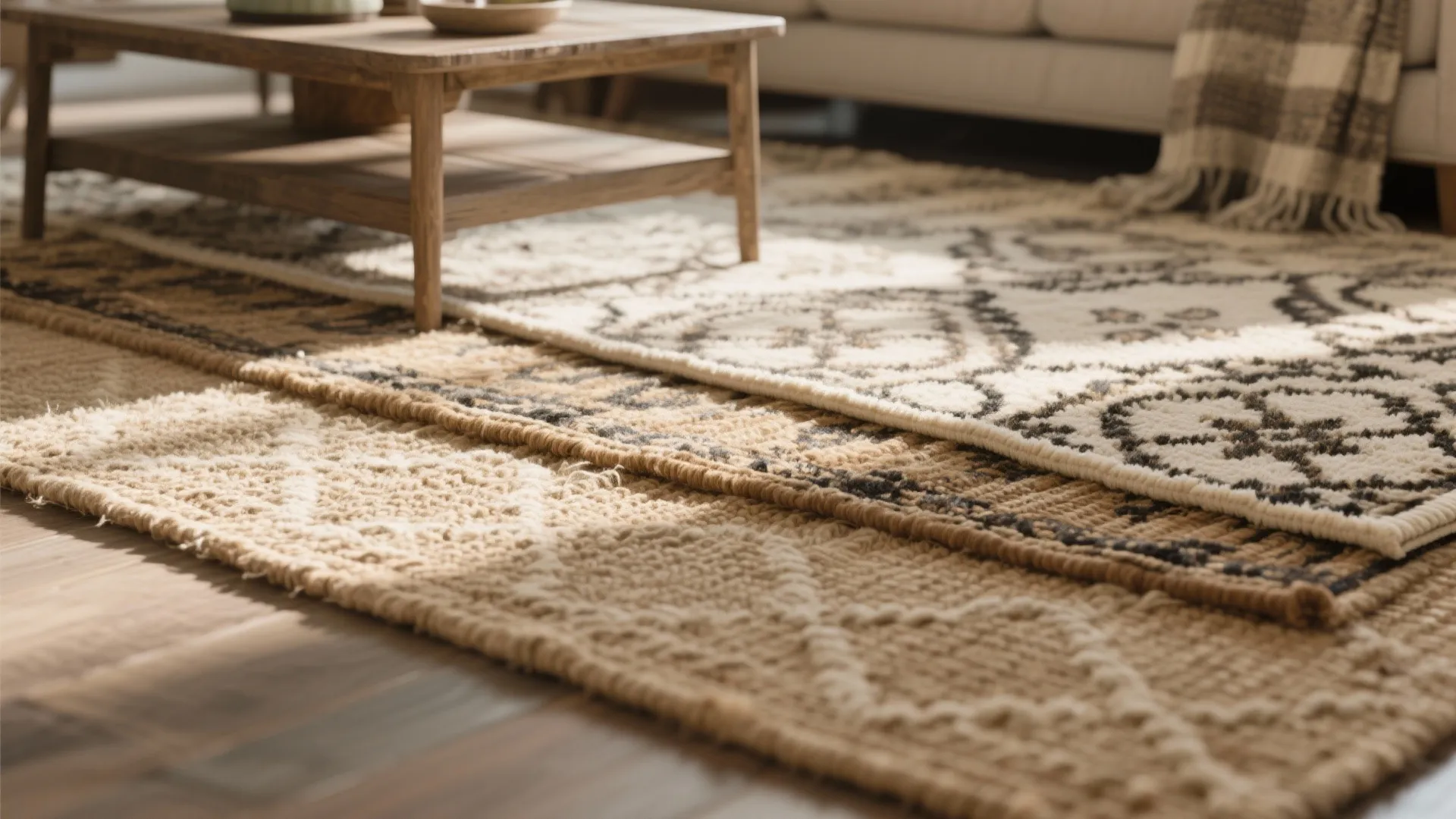 Layered area rugs on wooden floor with different textures and patterns under a coffee table