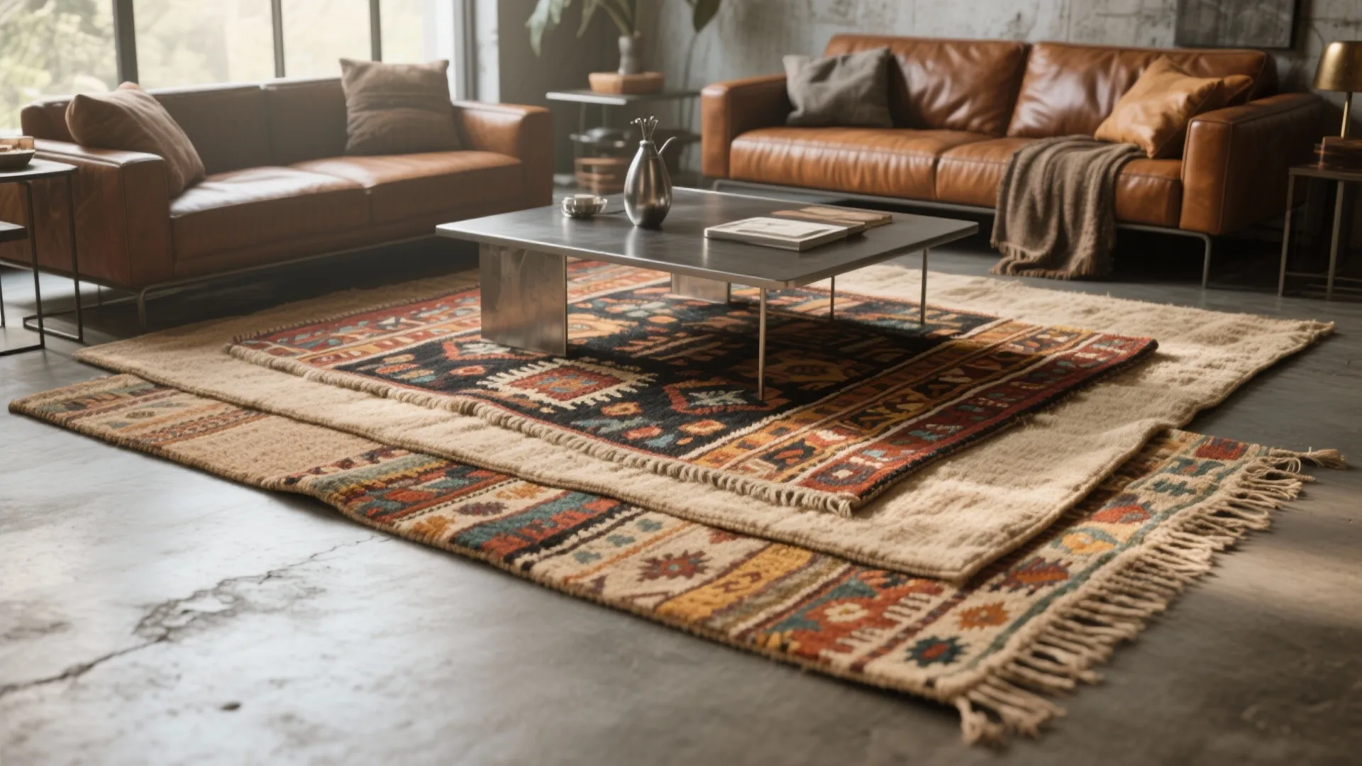Modern living room with brown leather sofas and a coffee table over layered patterned rugs