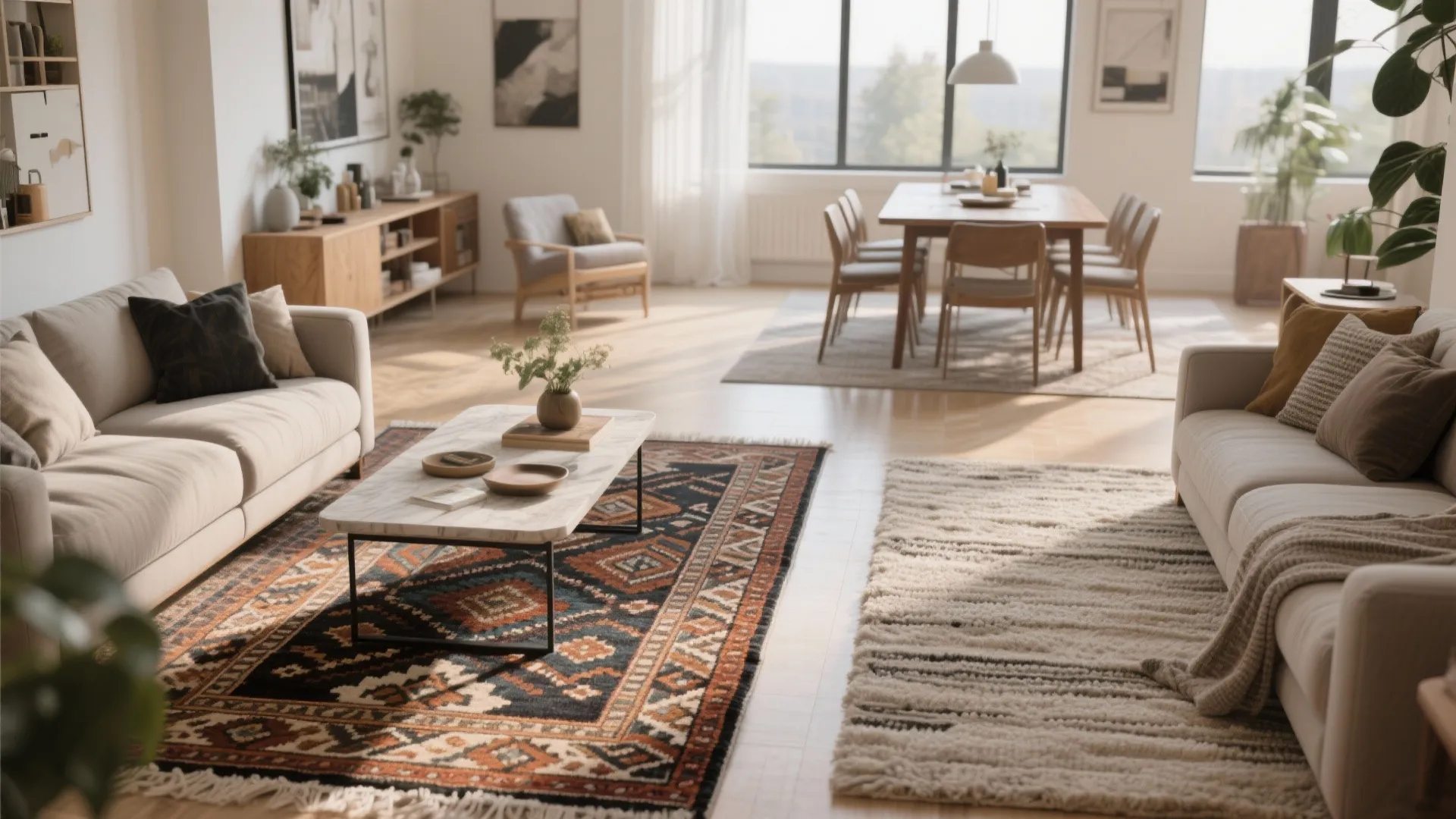 Spacious living room featuring layered patterned rugs coffee table sofa and wooden dining area background
