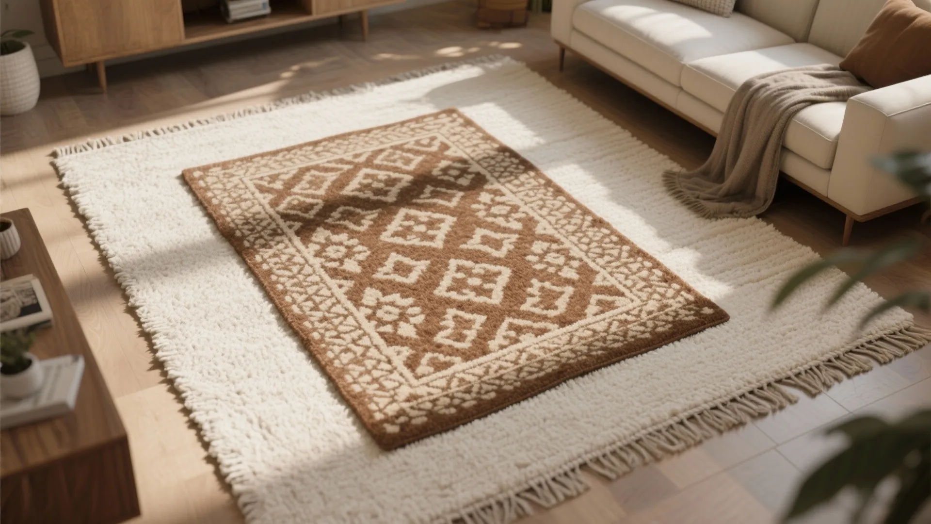 Two layered rugs with geometric patterns placed under a white sofa in a bright room