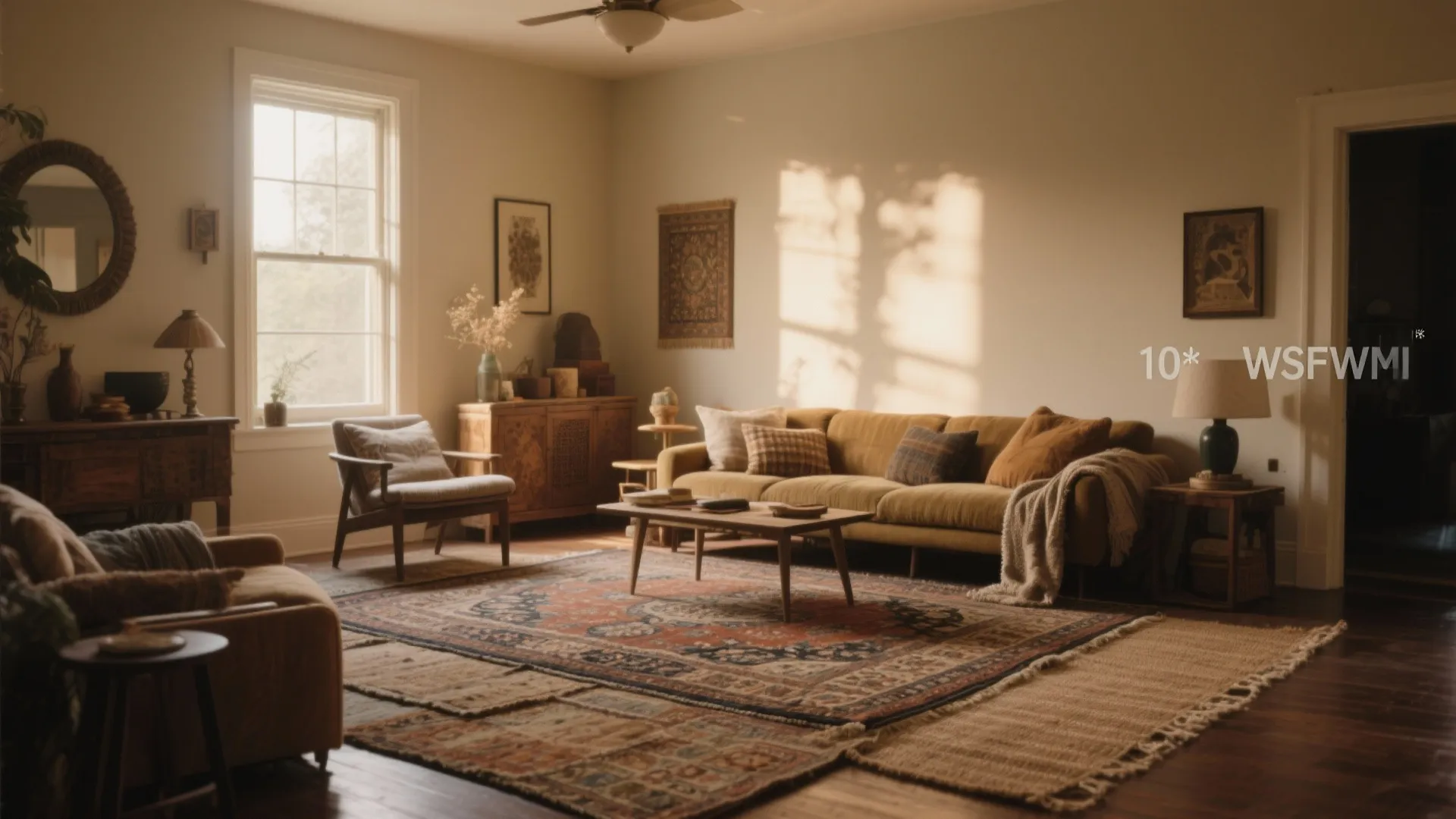 Warm living room featuring layered patterned rugs yellow sofa wooden cabinet and soft sunlight from window