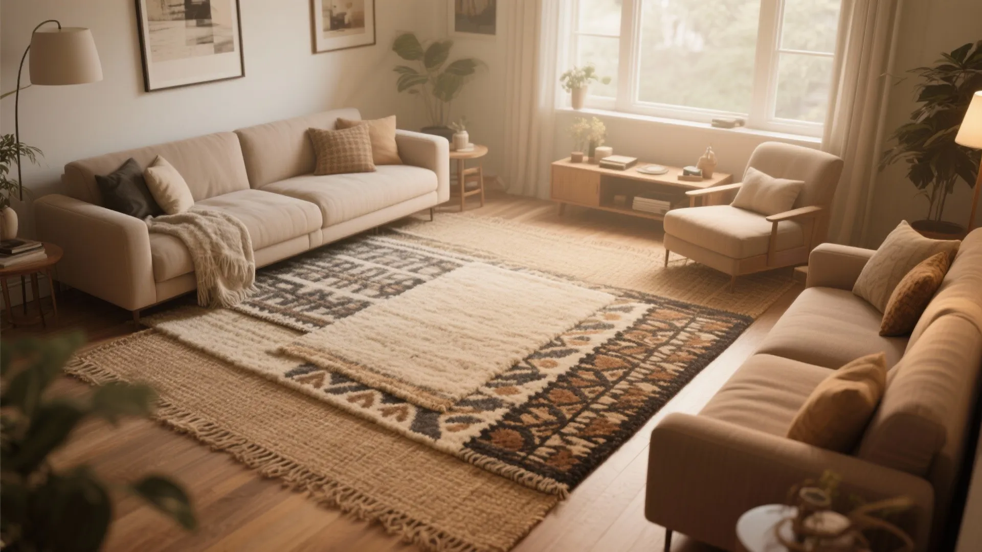 Cozy living room interior featuring multiple layered rugs on wood floor with two beige sofas