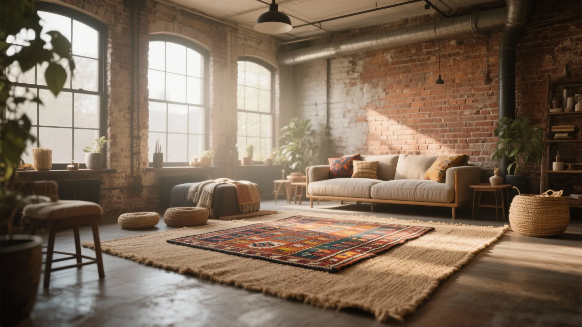 Industrial living room with brick walls layered area rugs beige sofa and large black windows