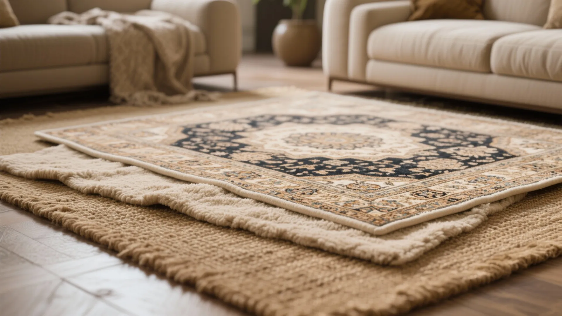Layered rugs with different textures and patterns on wooden floor between two light beige sofas