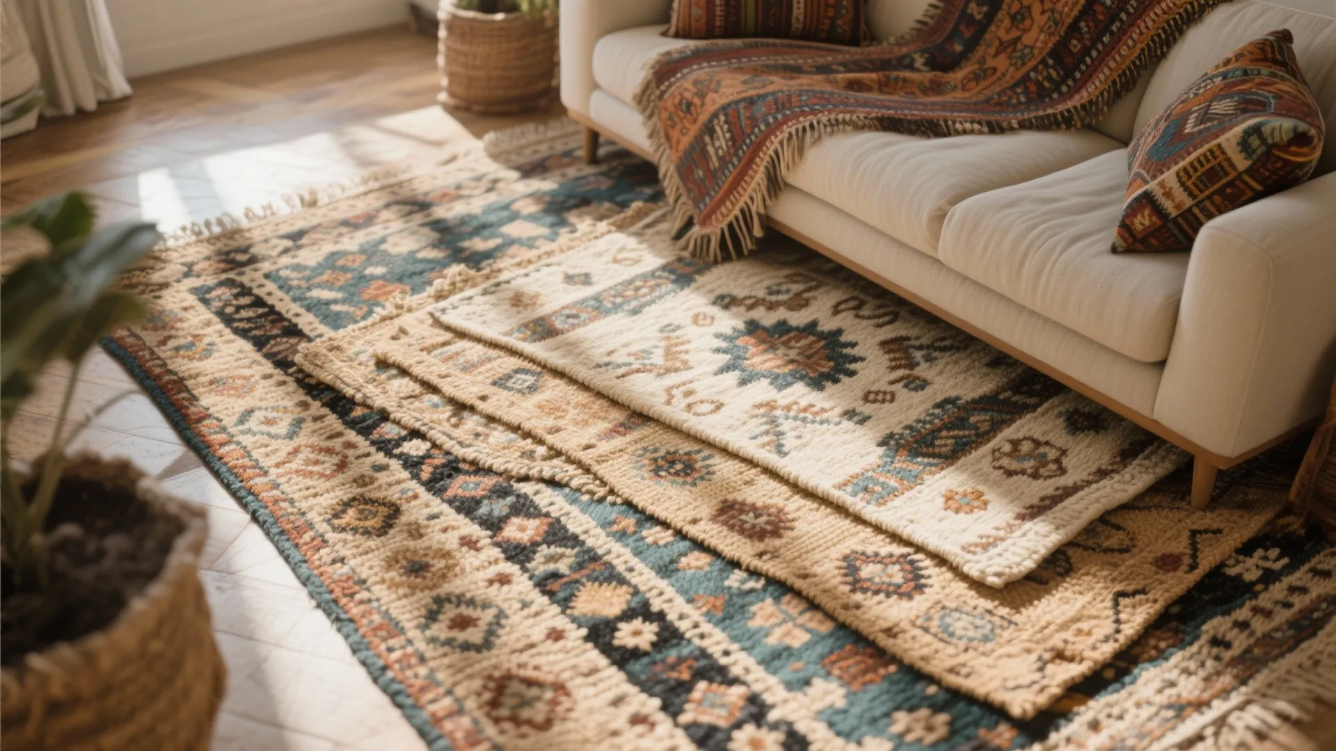 Multiple patterned rugs layered on wooden floor next to white sofa in sunny living room