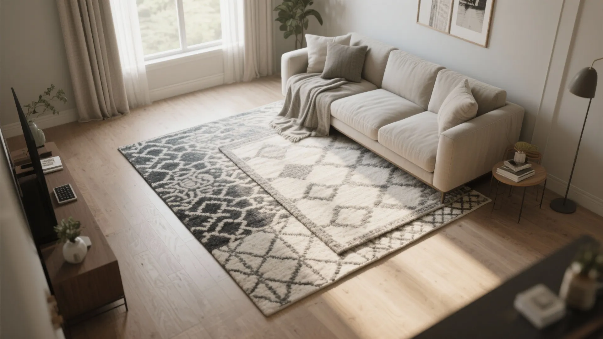 Modern living room featuring layered patterned area rugs under a cream sofa with wooden floors
