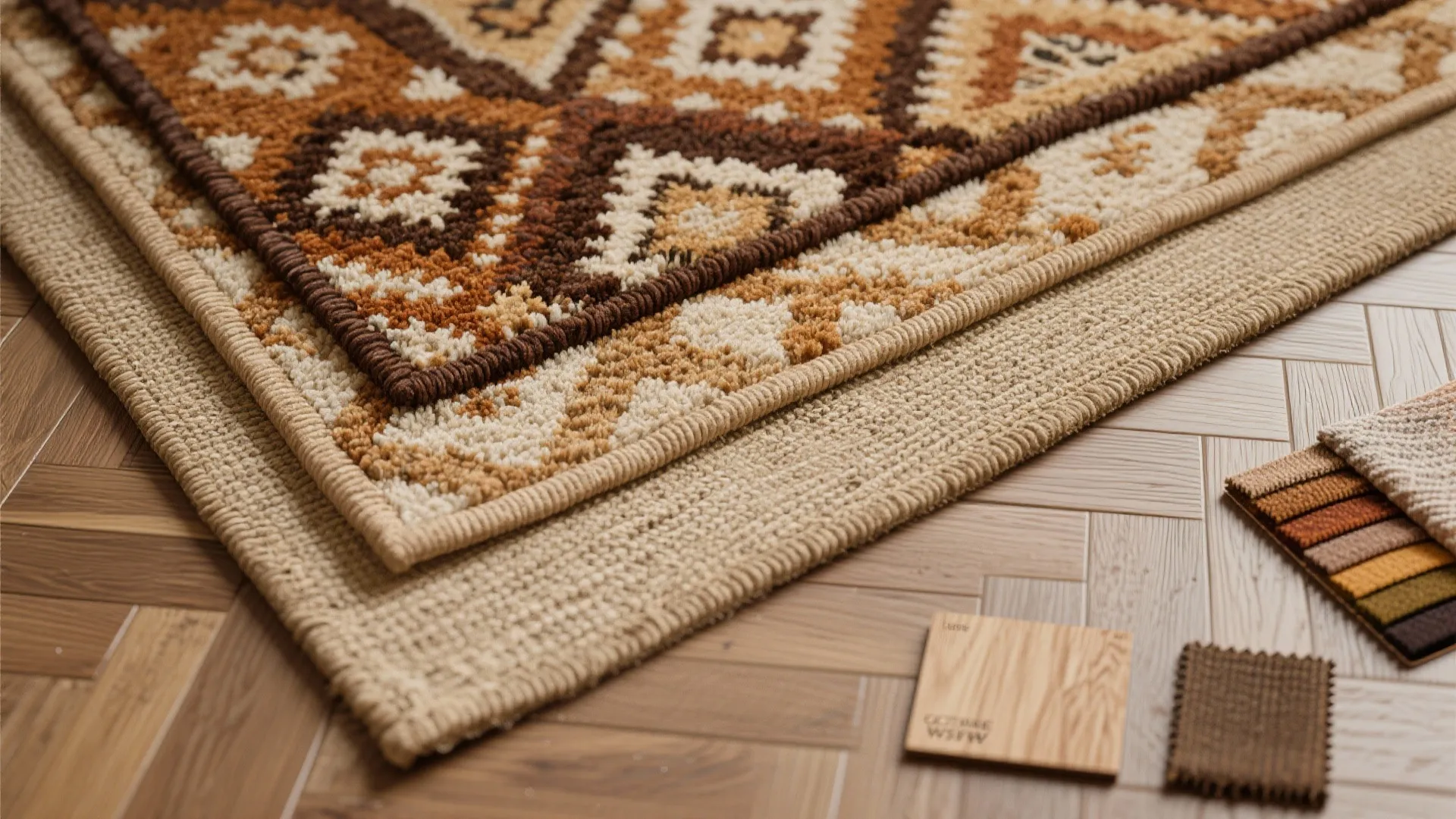 Layered patterned rugs on wood floor with fabric samples and small wooden material board blocks