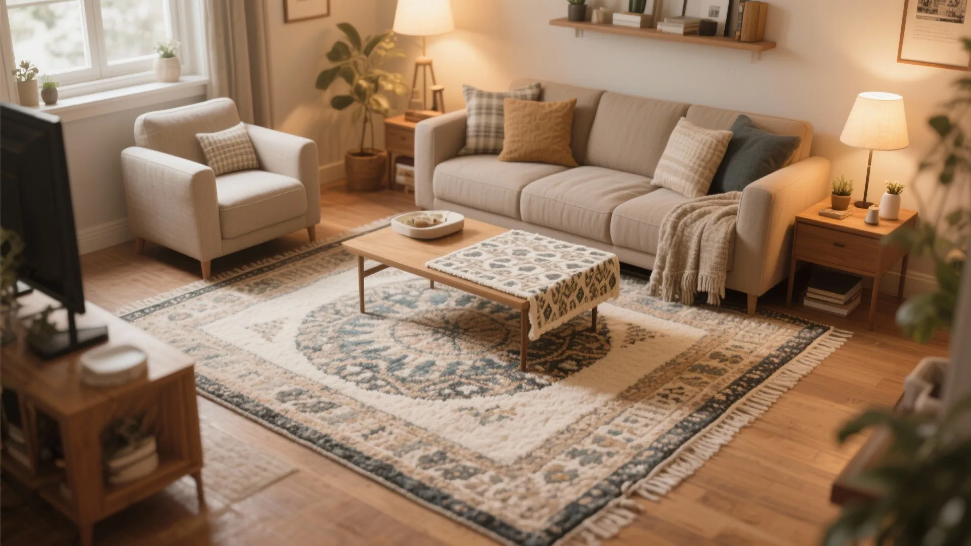 Cozy living room with patterned rug, beige sofa, wooden coffee table, armchair, and warm lamps